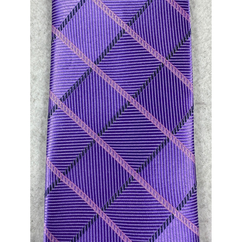 SYNRGY Mens Extra Long Tie Purple Geometric Windowpane Stain Resistant